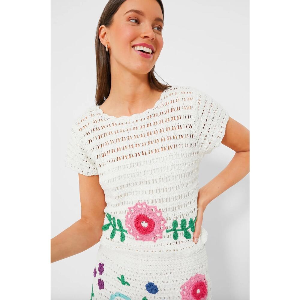 NWT Love the Label Multi Ivory Leighton Crochet Scallop Floral Top White Small